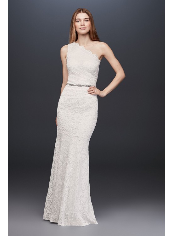 Scalloped One-Shoulder Lace Sheath Gown DB Studio 183668DB