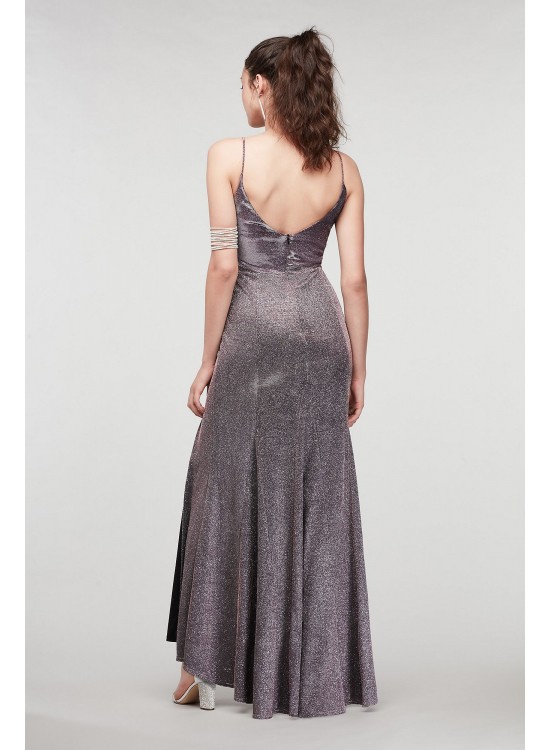 Scoop Back V-Neck Glitter Gown with Front Slit Jump 11322