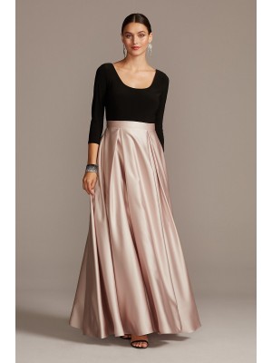 Scoop Bodice 3/4 Sleeve Gown with Satin Skirt Betsy and Adam A22424