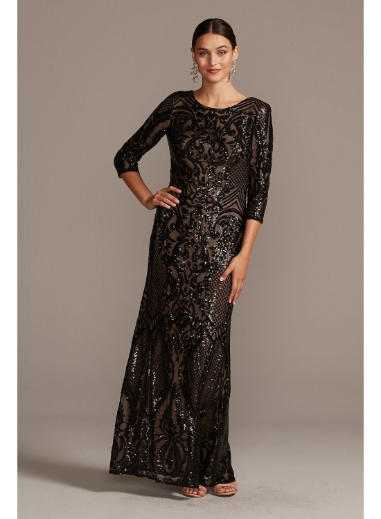 Sequin Brocade Embellished 3/4 Sleeve Dress Alex Evenings 8196609