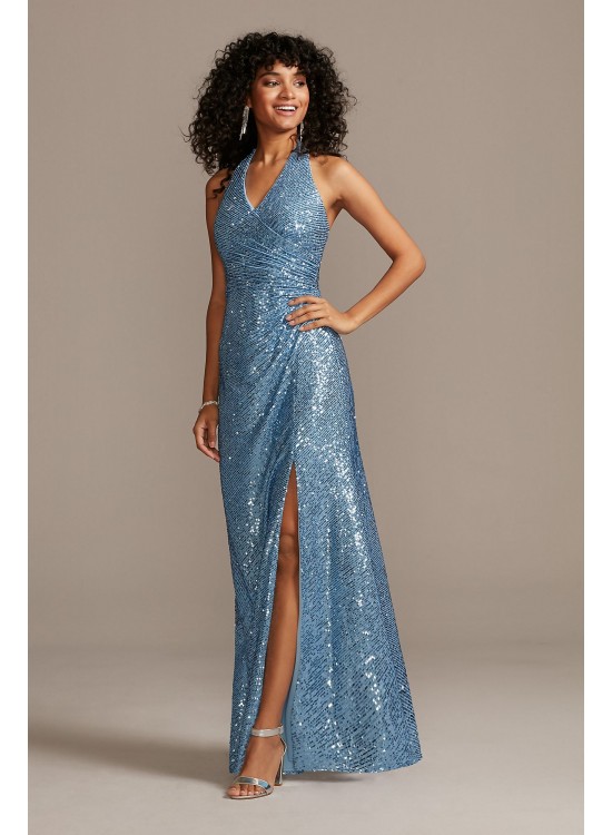 Sequin Halter Dress with Side Ruching and Slit Morgan and Co 12779