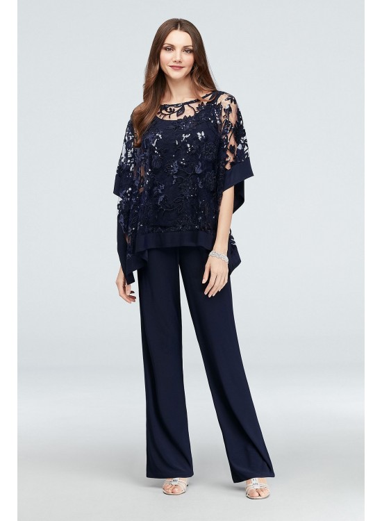 Sequin Lace Pantsuit with Sheer Poncho  2288