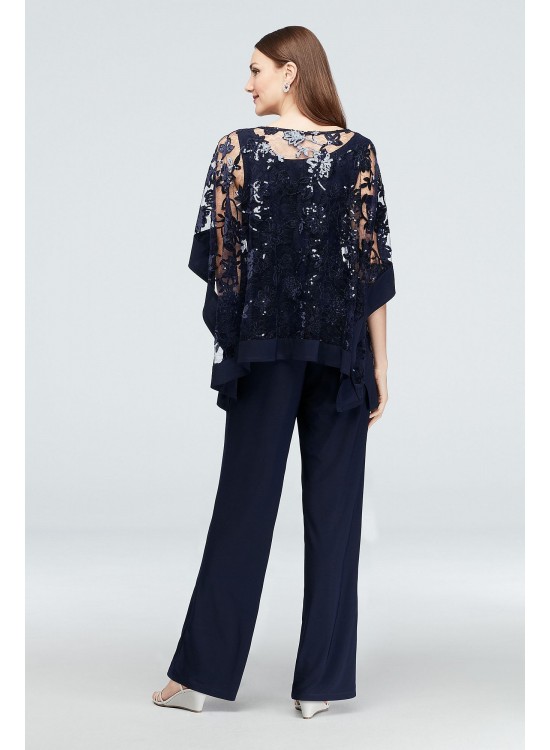 Sequin Lace Pantsuit with Sheer Poncho  2288