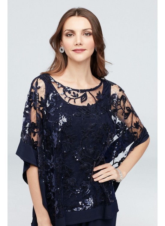 Sequin Lace Pantsuit with Sheer Poncho  2288