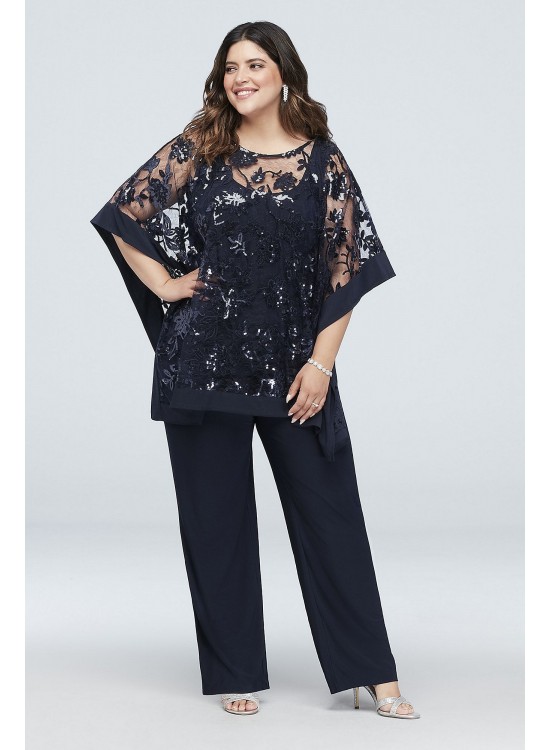 Sequin Lace Plus Size Pantsuit with Sheer Poncho  2288W