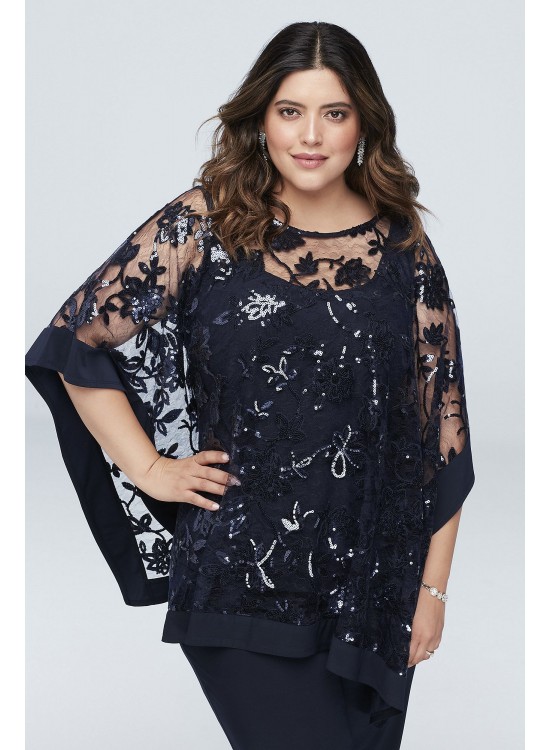 Sequin Lace Plus Size Pantsuit with Sheer Poncho  2288W