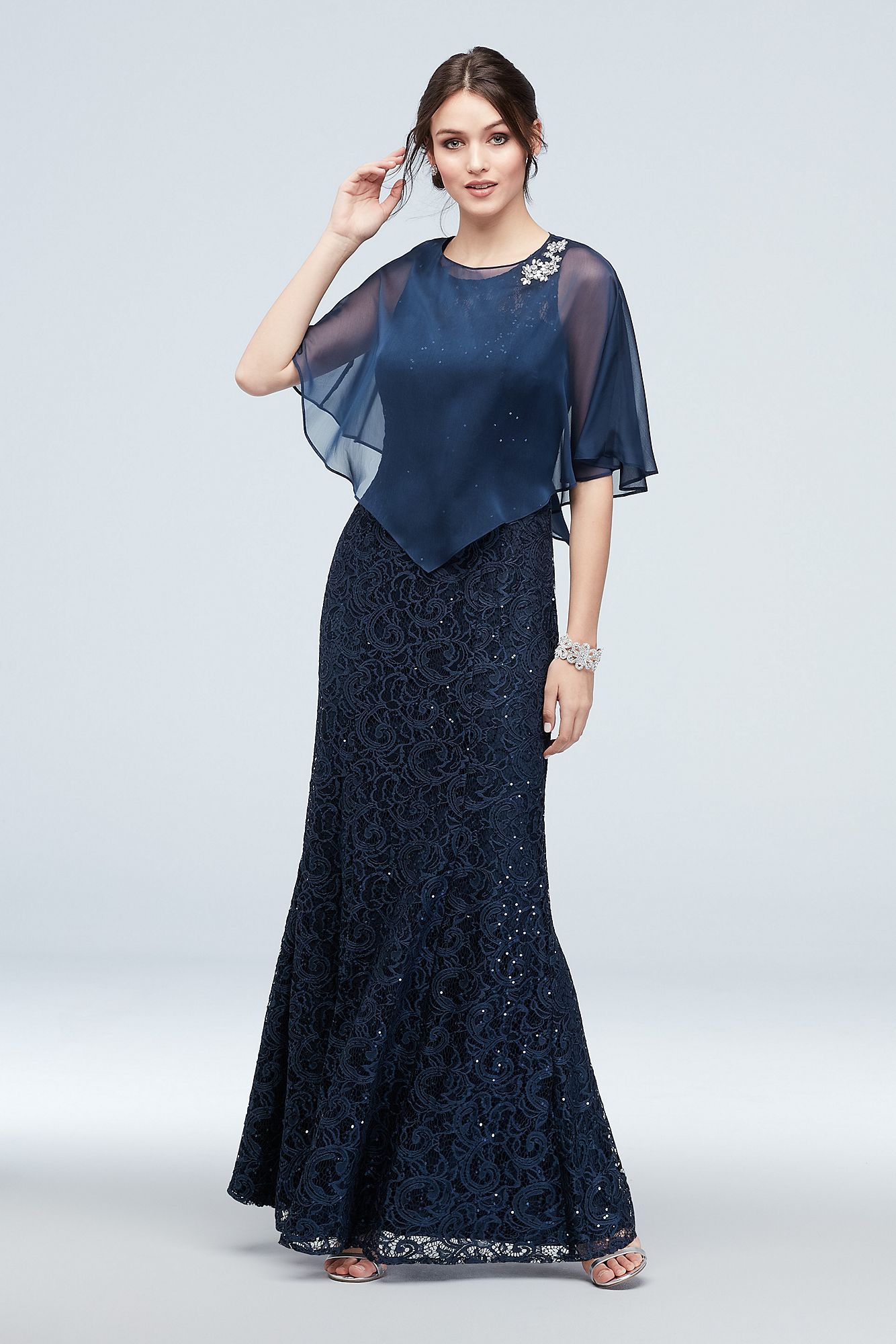 3/4-Sleeve Sequin Lace and Chiffon Petite Dress