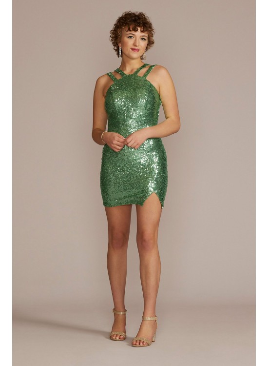 Sequin Mini Dress with Cutout Halter Neck Emerald Sundae HNX1733