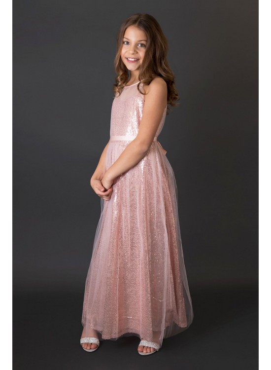 Sequin Tulle Overlay Girls Dress with Satin Sash US Angels JB-761