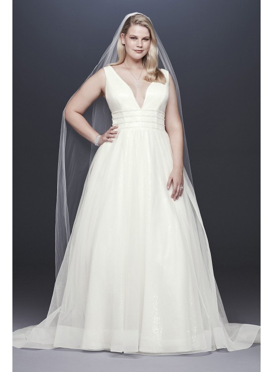 Sequin Tulle Plunging Plus Size Wedding Dress  4XL9SV821