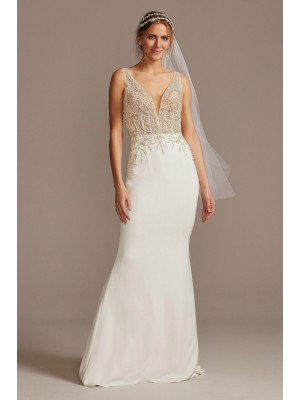 Sheer Plunge Beaded Corset Crepe Wedding Dress  SWG865