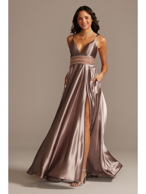 Shiny Satin Plunging Gown with Illusion and Slit Speechless X43391DQ96