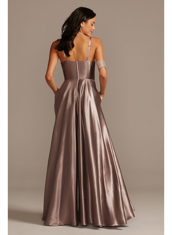 Shiny Satin Plunging Gown with Illusion and Slit Speechless X43391DQ96