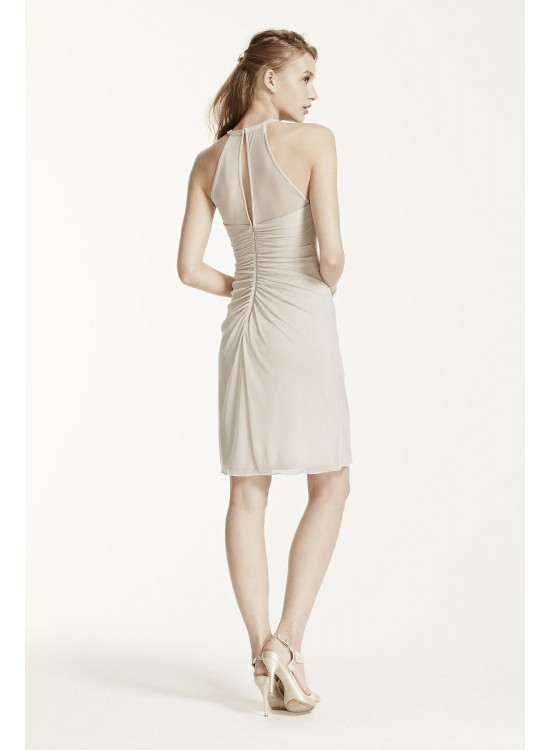 Short High Neck Mesh Dress with Side Cascade  F15612