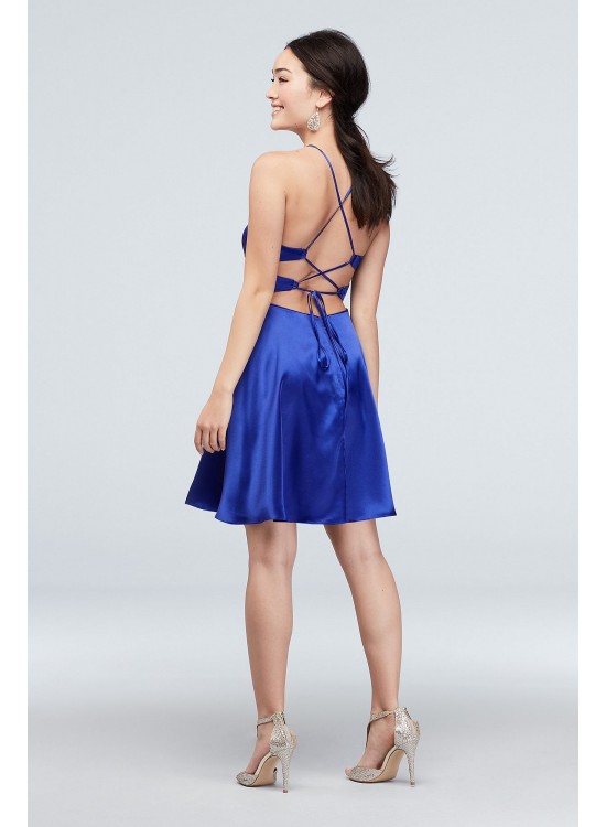 Short High-Neck Satin Dress with Lace-up Back Blondie Nites 1526BN