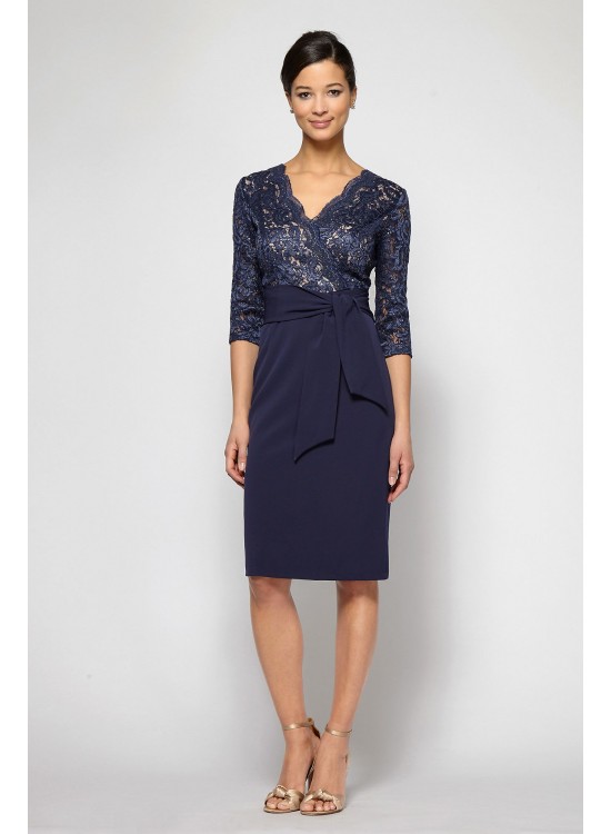 Short Scalloped Surplice 3/4 Sleeve Dress with Tie Alex Evenings 1121822