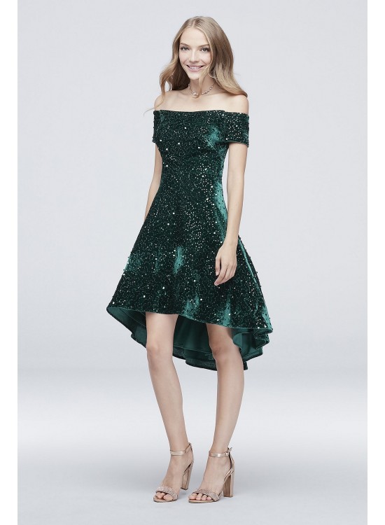 Short Sequin Velvet Off-the-Shoulder Dress Morgan and Co 12549