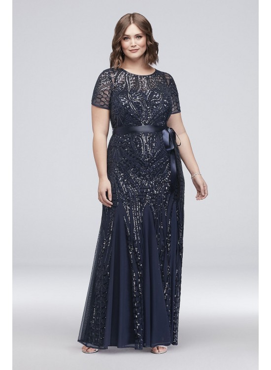 Short-Sleeve Sequined Illusion Plus Size Gown  1875W