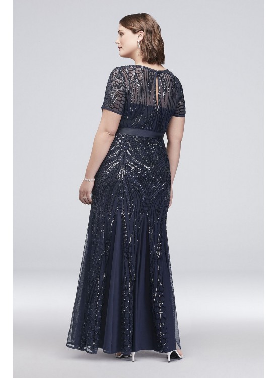 Short-Sleeve Sequined Illusion Plus Size Gown  1875W