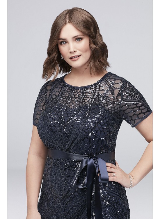 Short-Sleeve Sequined Illusion Plus Size Gown  1875W