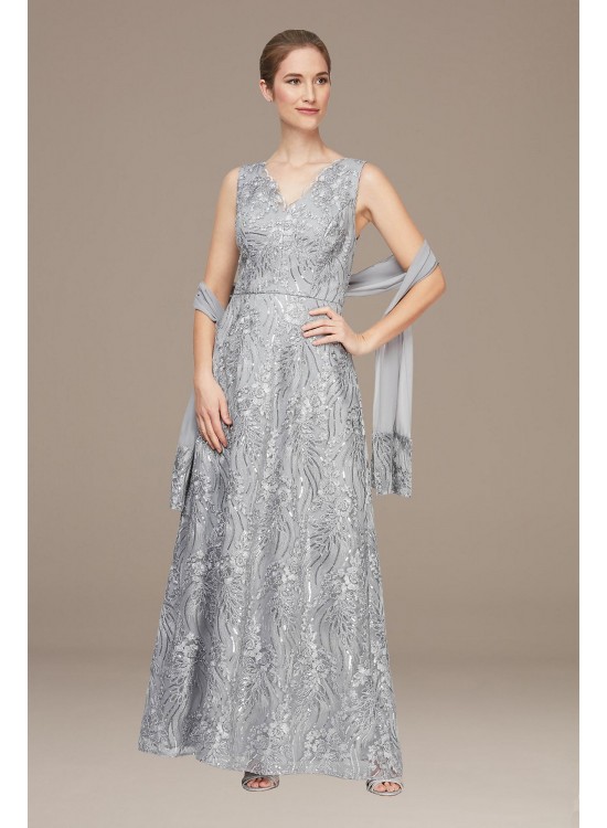 Sleeveless Embroidered Tulle Gown with Shawl Alex Evenings 81171077