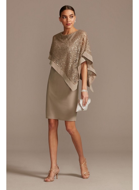 Sleeveless Jersey Sheath with Sequin Lace Poncho  8749D