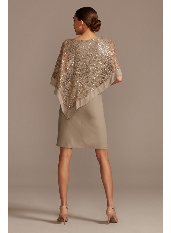 Sleeveless Jersey Sheath with Sequin Lace Poncho  8749D