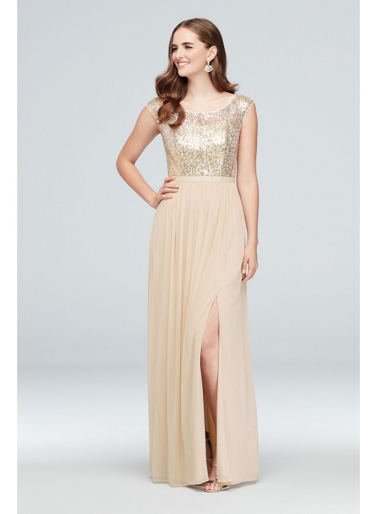 Sleeveless Sequin and Mesh Bridesmaid Dress  F19328S