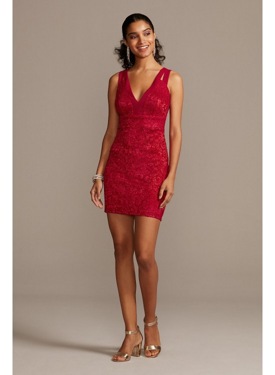 Sleeveless Short Deep-V Bodycon Glitter Lace Dress Speechless D80461H852