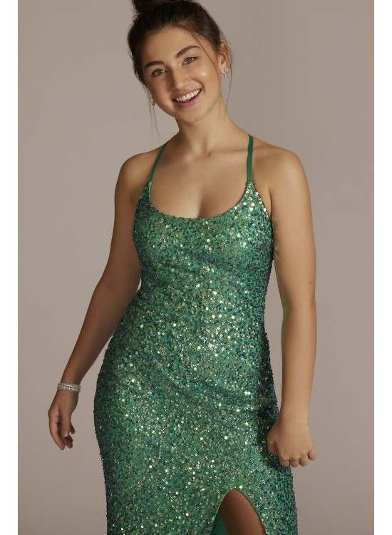 Spaghetti Strap Sequin Sheath Dress with Slit Jules and Cleo WGINP2011B