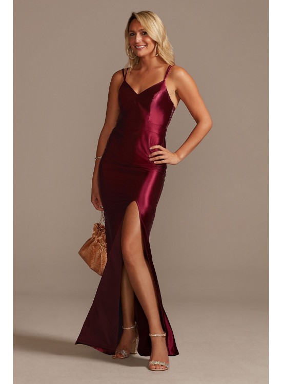 Spaghetti Strap Shiny Satin Gown with Slit Skirt  WBM2402V1