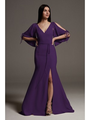 Split Sleeve Crepe Bridesmaid Dress with Slit  VW360541