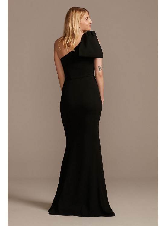 Stretch Crepe Asymmetric Gown with Shoulder Bow  WBM2196V2