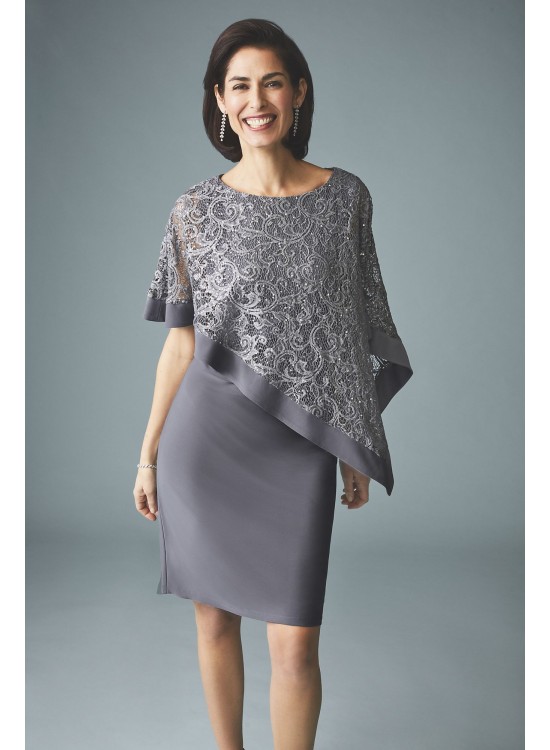 Stretch Knit Sheath with Asymmetrical Lace Cape  2292