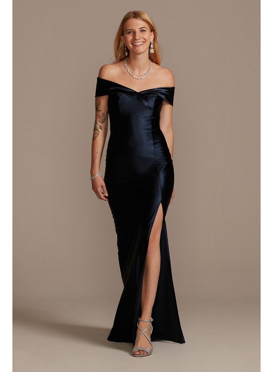 Stretch Satin Off the Shoulder Dress with Slit  WBM2139