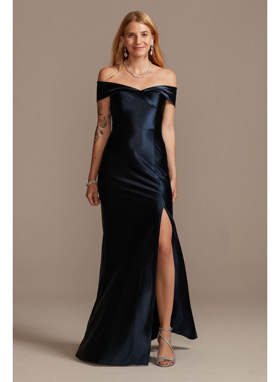 Stretch Satin Off the Shoulder Dress with Slit  WBM2139