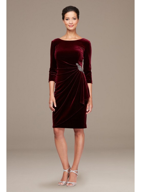 Stretch Velvet Ruched Petite Dress with Beaded Hip Alex Evenings 2915265