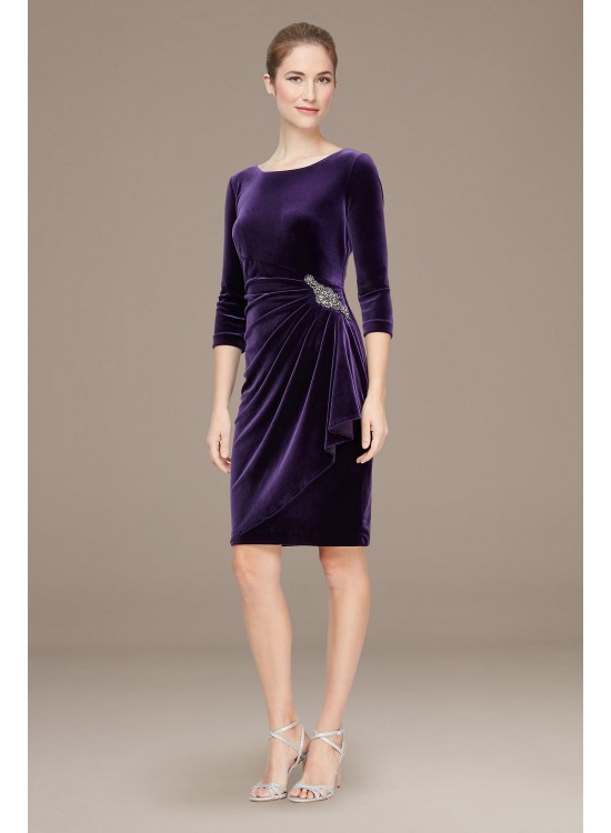 Stretch Velvet Side Ruched Dress with Beaded Hip  1915266