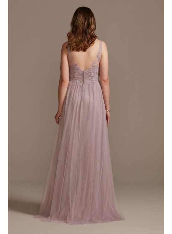 Tank V-Neck Embroidered Soft Net Bridesmaid Dress  F20119