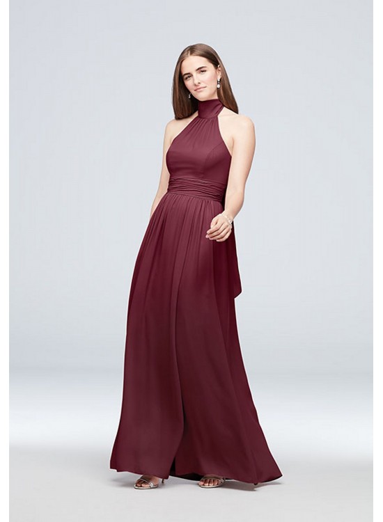 Tie Mock-Neck Ruched Georgette Bridesmaid Dress  F19997