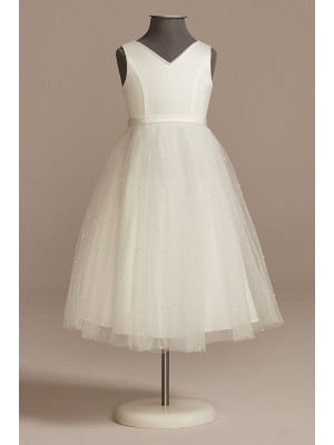 V-Back Tulle Flower Girl Dress with Pearls and Bow DB Studio WG1425