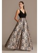 V-Neck Ball Gown with Floral Jacquard Skirt Morgan and Co 12834D