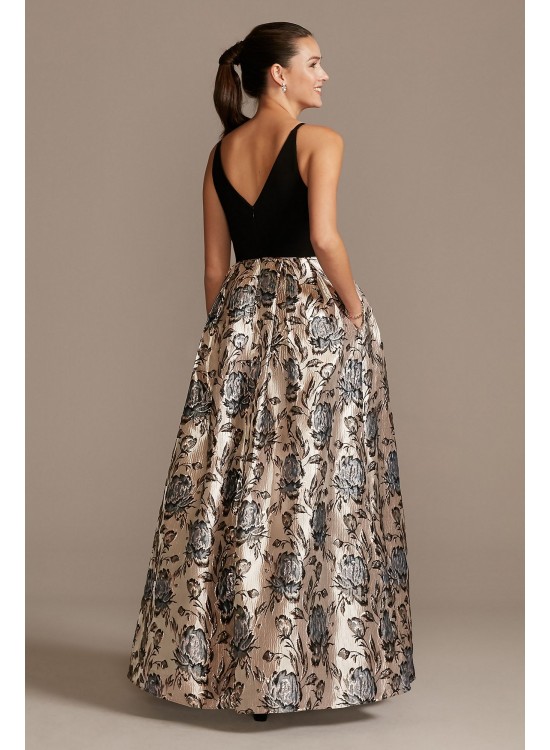 V-Neck Ball Gown with Floral Jacquard Skirt Morgan and Co 12834D