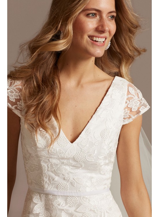 V-Neck Embroidered Lace Cap Sleeve A-Line Dress DB Studio SDWG0804