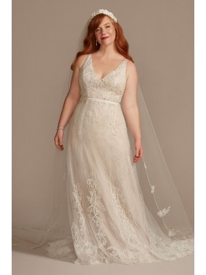 V-Neck Lace Plus Wedding Dress with Scallop Hem Melissa Sweet 8MS251250