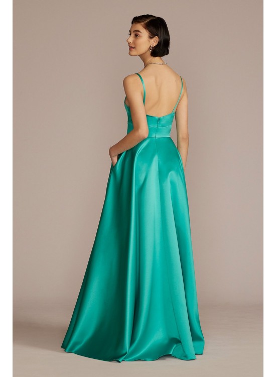 V-Neck Satin A-Line Gown with Corset Bodice Jules and Cleo D24NY22012