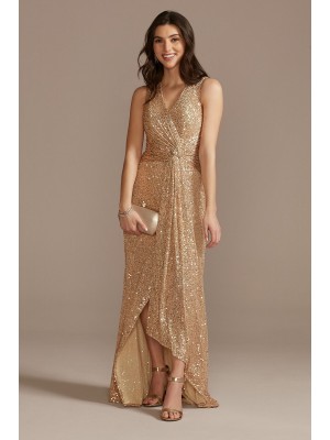 V-Neck Sequin Sheath Gown with Knot Detail WBM2545