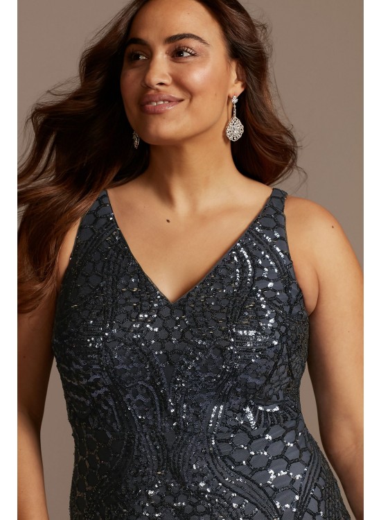 V-Neck Sequin Tank Plus Size Dress with Insets Morgan and Co 21685DW