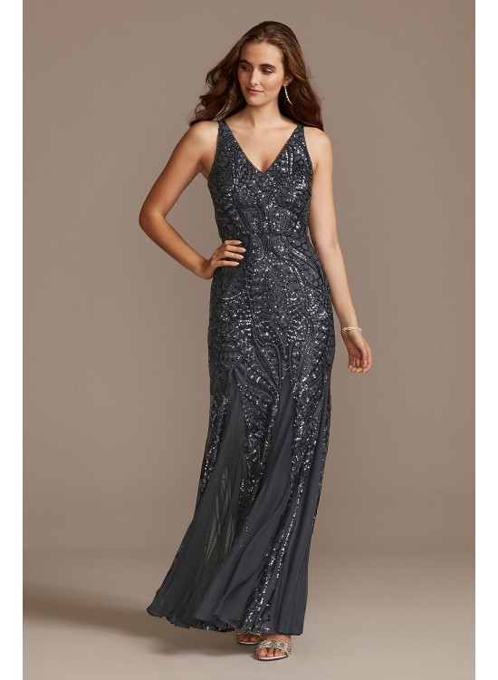 V-Neck Sequin Tank Sheath Dress with Mesh Insets Nightway 21685D