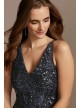 V-Neck Sequin Tank Sheath Dress with Mesh Insets Nightway 21685D